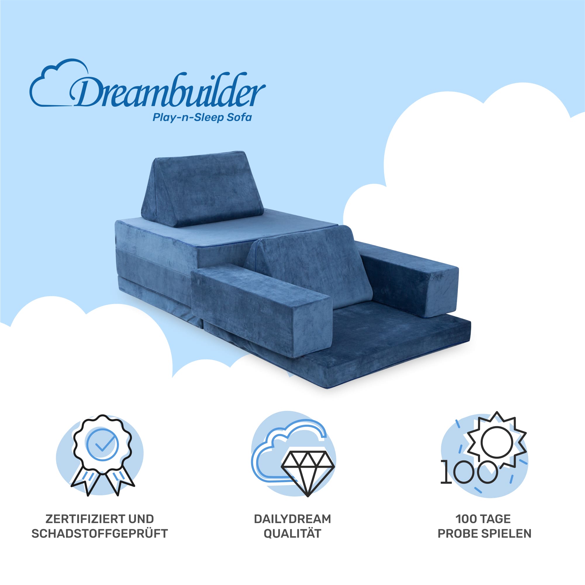 Dailydream Dreambuilder Play-n-Sleep Spielsofa für Kinder, 168x84x55 cm, Blau