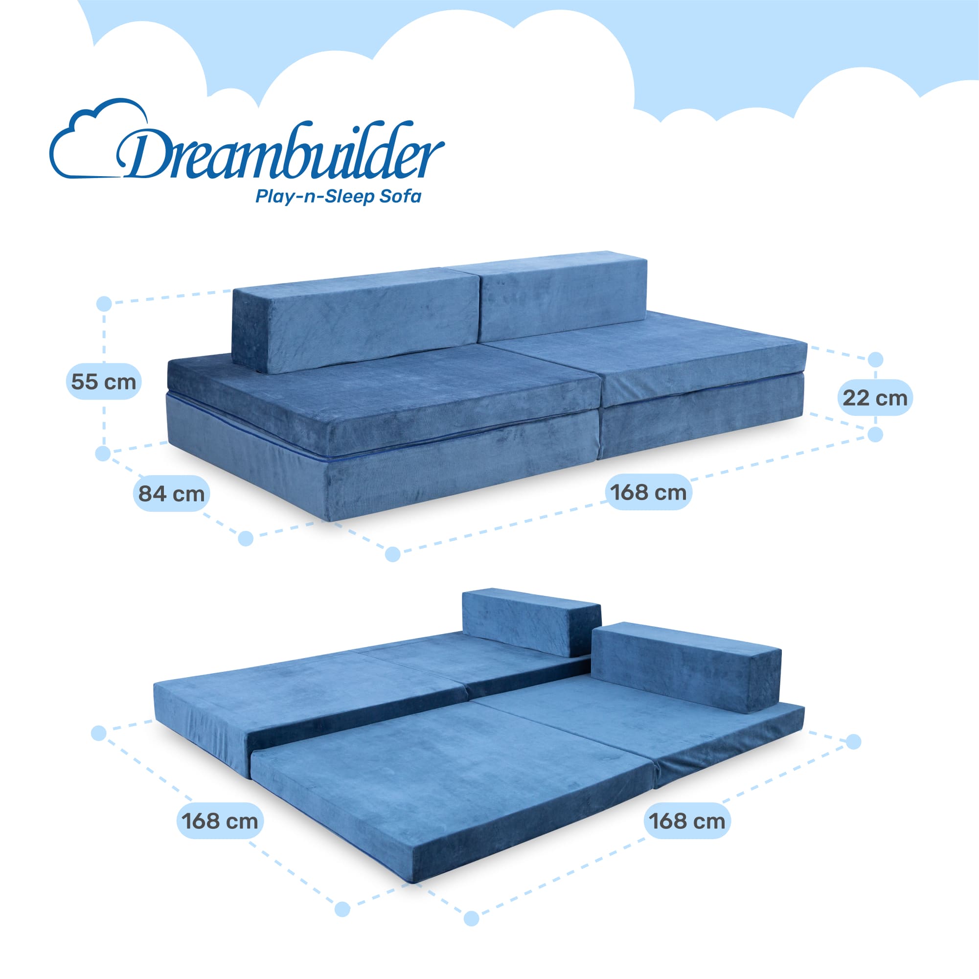 Dailydream Dreambuilder Play-n-Sleep Spielsofa für Kinder, 168x84x55 cm, Blau