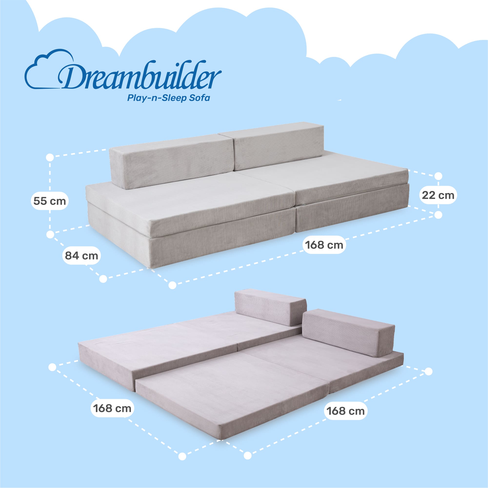 Dailydream Dreambuilder Play-n-Sleep Spielsofa für Kinder, 168x84x55 cm, Grau